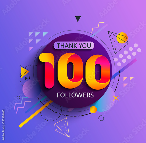 Thanks for the first 100 followers. Thank you followers congratulation card. Vector illustration for Social Networks. Web user or blogger celebrates and tweets a large number of subscribers.