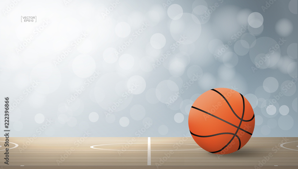 Basketball ball on basketball court area with light blurred bokeh background. Vector.