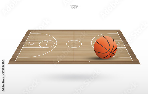 Basketball ball on basketball court with wooden floor pattern and texture background. Vector.