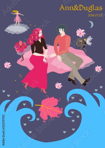 Loving young man and woman look at each other and stretch out their hands,  sitting on pink cloud flying over the ocean. Little elf plays the lyre. Fairy throwing small stars. Wedding invitation.