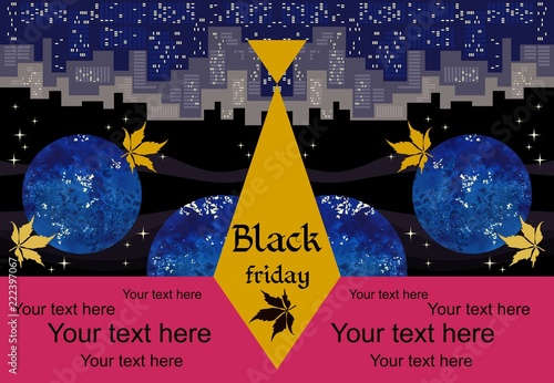 Template for black friday sale banner with inverted city and autumn leaves in night cosmos. Stylized men's tie with logo in form of silhouette of virgin vine leaf and abstract text.