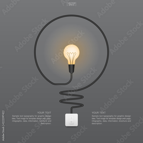 Abstract light bulb and light switch on gray background. Lamp and switch with area for text. Vector.