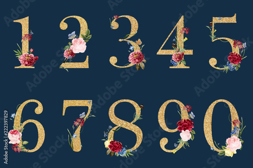Botanical numbers with tropical flowers illustration