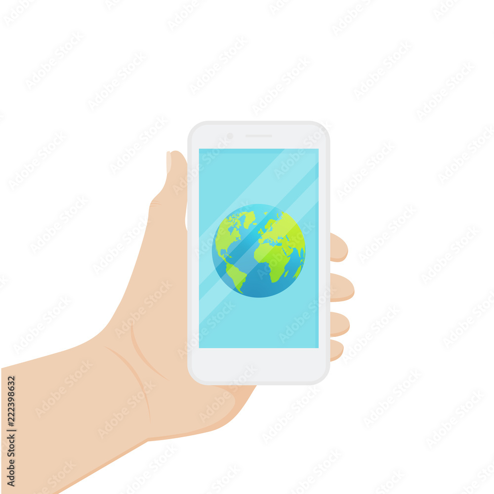 flat style smart phone design. a hand holding a smart phone with a display of the globe in it. vector illustration flat style smart phone design. a hand holding a smart phone with a display of the globe in it. vector illustration