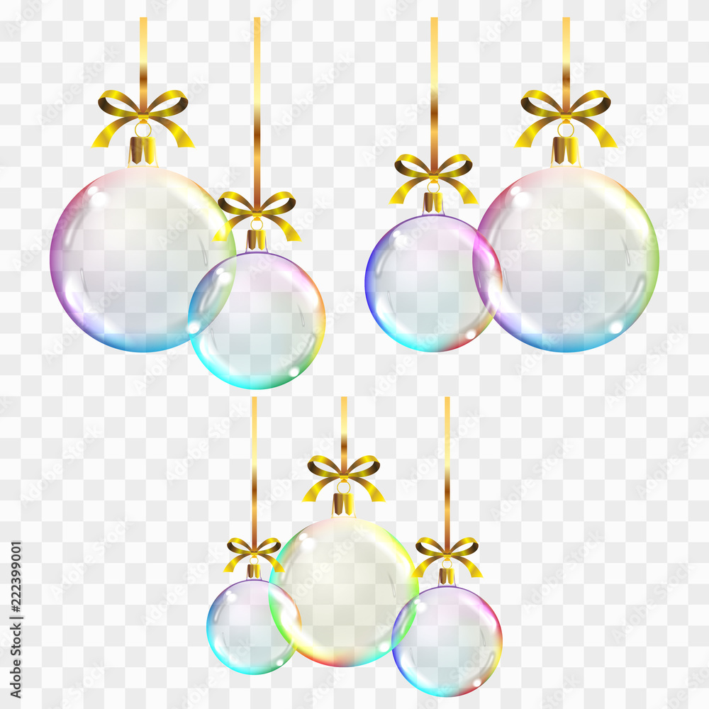 Vector realistic transparent colored Christmas balls on a square ...