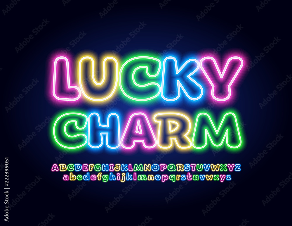 Vector Lucky Charm Glow Alphabet Letters. Neon Font set.