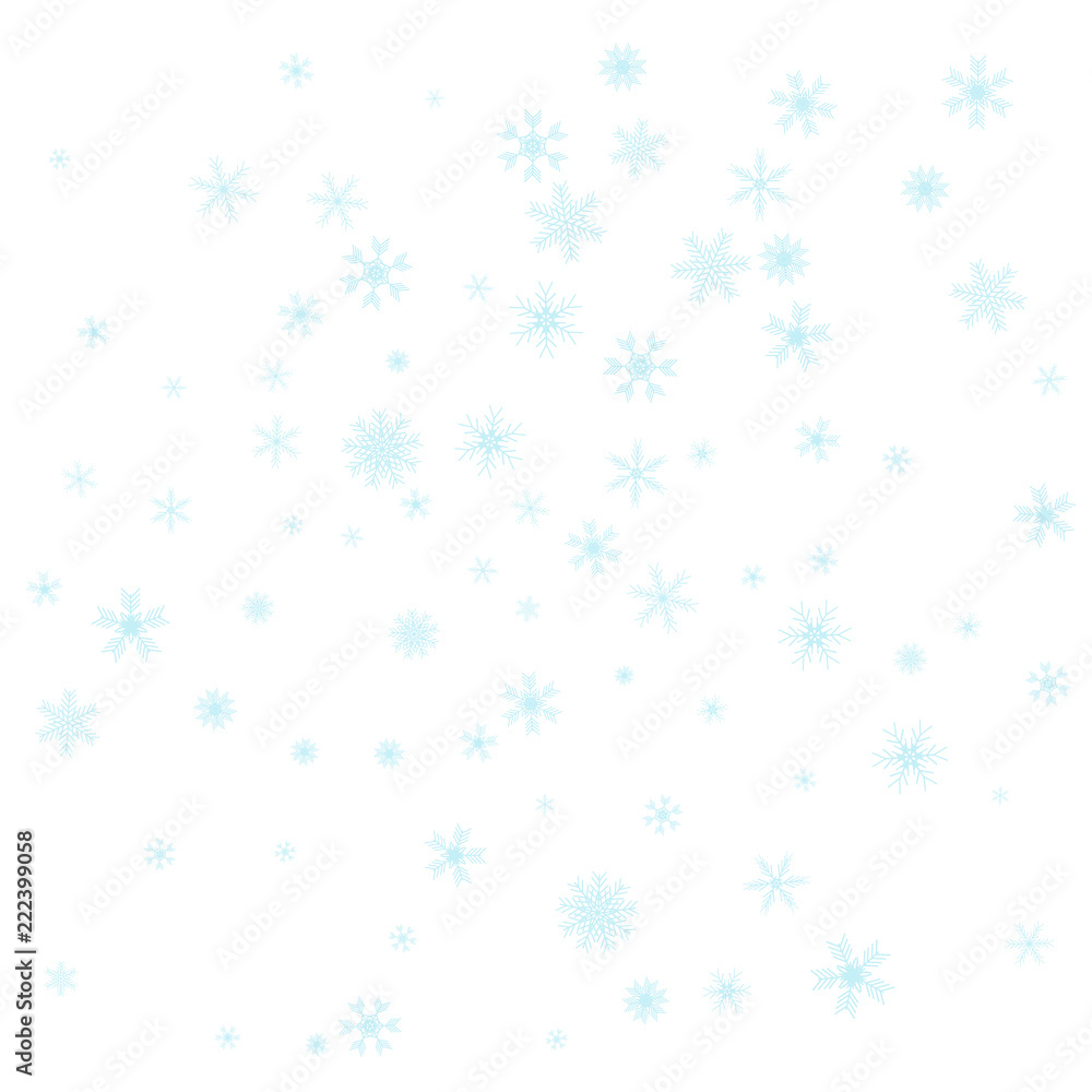 Christmas falling snow vector isolated on white background. Snowflake decoration effect. Xmas snow flake pattern. Magic blue snowfall texture. Winter snowstorm backdrop illustration.