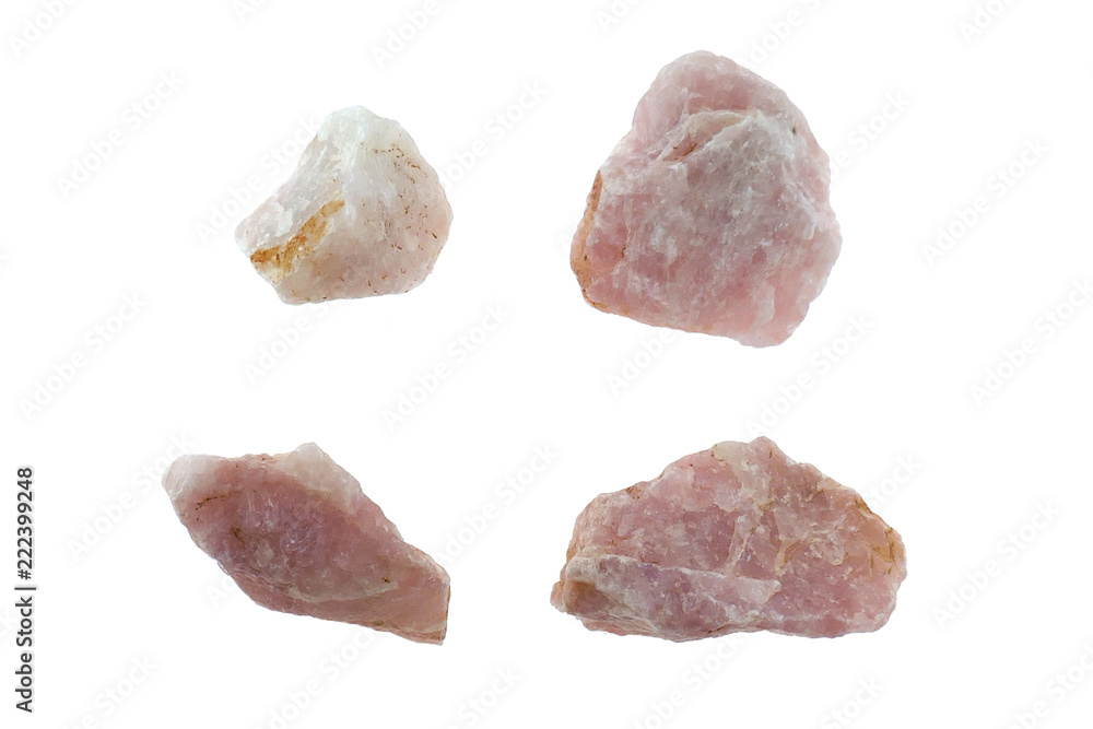 Pink quartz.  stone pink quartz set isolated on white background. quartz mineral stone