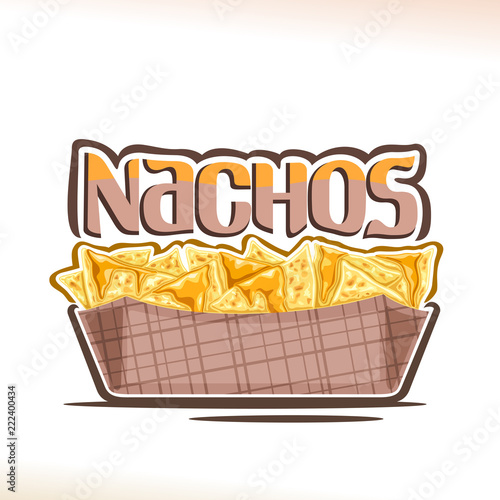 Vector poster for Mexican Nachos, triangle slices of corn chips poured melted cheese in cardboard dish, original typeface for word nachos, design logo for menu of fast food cafe with mexican cuisine.
