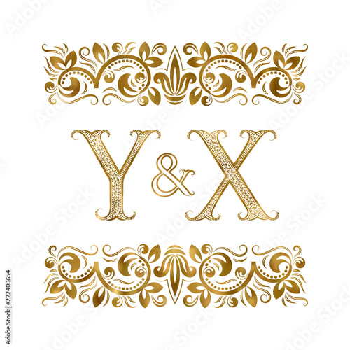Y and X initials vintage logo. The letters surrounded by ornamental elements. Wedding or business partners monogram in royal style.