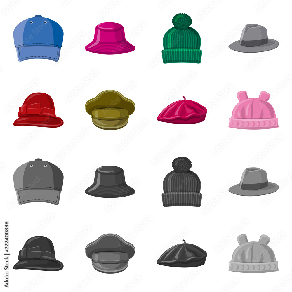 Isolated object of headwear and cap sign. Set of headwear and accessory stock vector illustration. Isolated object of headwear and cap sign. Set of headwear and accessory stock vector illustration.