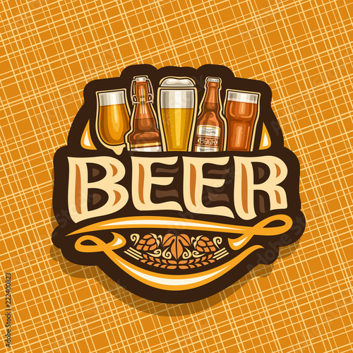Vector logo for Beer, dark sign with pint glasses of draft czech pilsner and bottles of craft german lager, original typeface for word beer, vintage coaster for bavarian bar with barley spikelets    