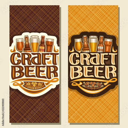 Vector banners for Craft Beer, flyers with pint glasses of draft czech pilsner and bottles of craft german lager, original typeface for words craft beer, voucher for bavarian bar with barley spikelets