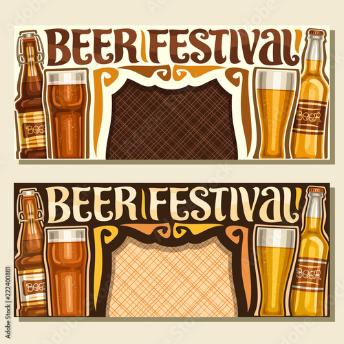 Vector banners for Beer Festival, flyers with pint glasses of draft czech pilsner and bottles of craft german lager, original typeface for words beer festival, ticket for bavarian fest with copy space