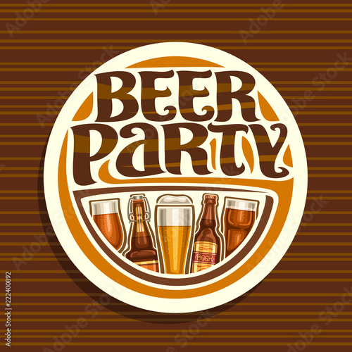 Vector logo for Beer Party, white round sign with pint glasses of draft czech pilsner and bottles of craft german lager, original brush typeface for words beer party, vintage coaster for bavarian bar.