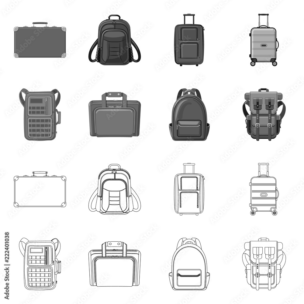 Vector illustration of suitcase and baggage icon. Set of suitcase and journey stock vector illustration. Vector illustration of suitcase and baggage icon. Set of suitcase and journey stock vector illustration.