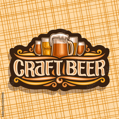 Vector logo for Craft Beer, dark signage with pint glasses of draft czech pilsner and mug of craft german lager, original brush typeface for words craft beer, vintage signboard for bavarian bar.