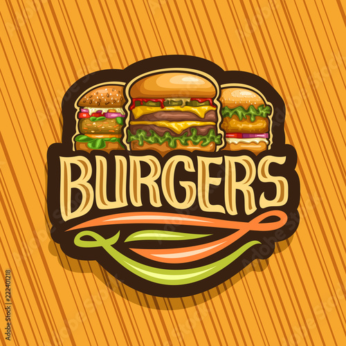 Vector logo for Burgers, dark sign with cheeseburger, fresh veggieburger and hamburger with fried chicken cutlet, original typeface for word burgers, illustration for american fast food restaurant.
