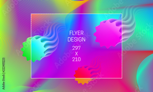 Template for flyer abstract backdrop generation. Vector vibrant background with floating translucent shapes and colorful guilloche elements.