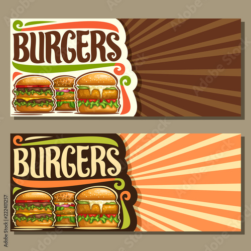 Vector banners for Burgers with copy space, leaflet with cheeseburger, veggieburger and hamburger with fried cutlet, original typeface for word burgers, illustration for american fast food restaurant.