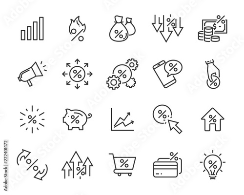 set of money line icons, such as currency, finance, digital, percent