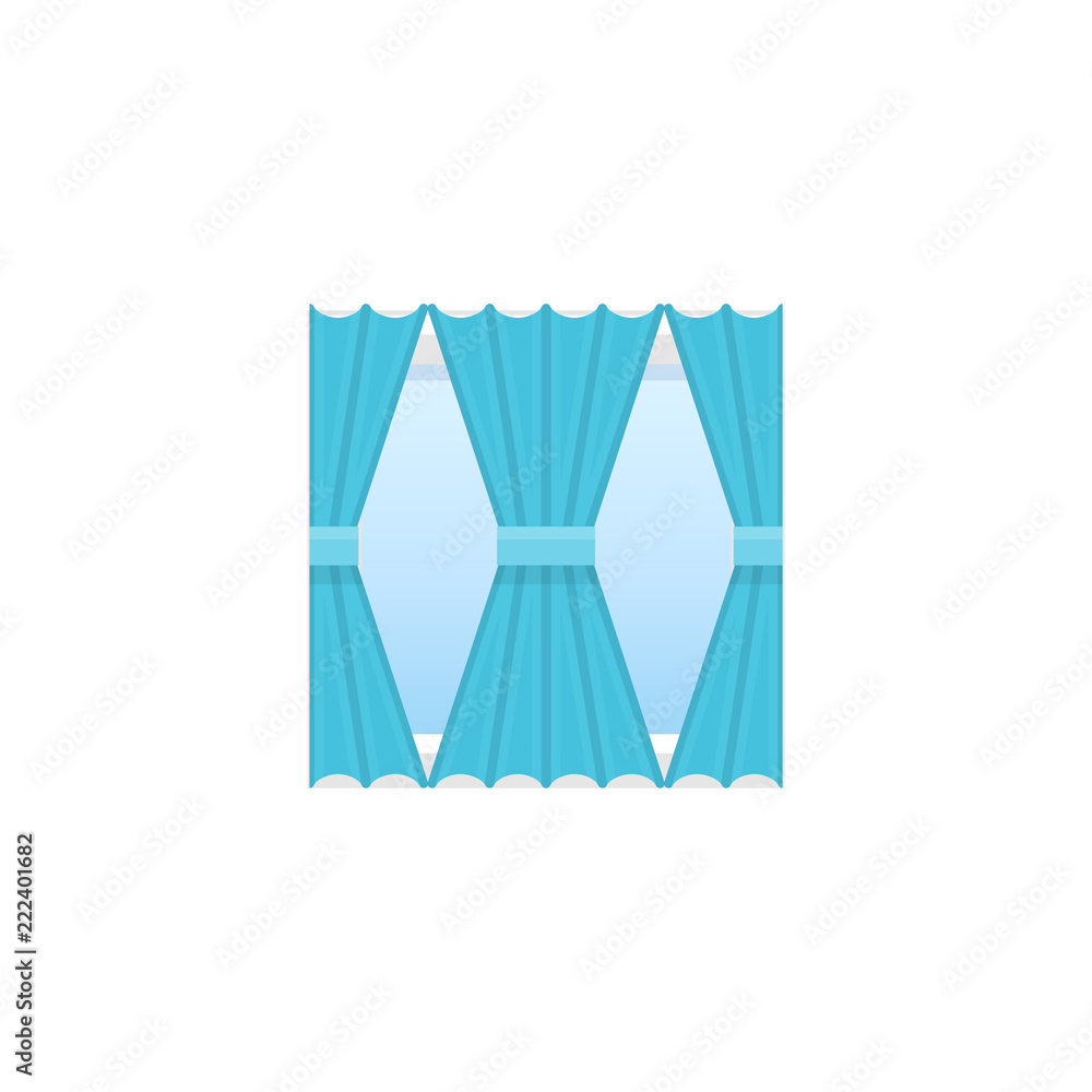 Blue cafe style curtain. Vector illustration. Flat icon of shade. Front view.