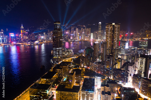 Drone fly over Hong Kong kowloon peninsula with night show