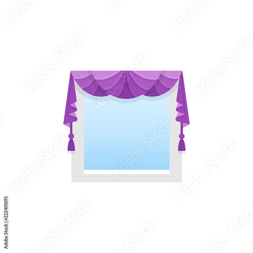 Purple fabric valance with drapery. Vector illustration. Flat icon of pelmet with 3 fans and tassels. Front view.