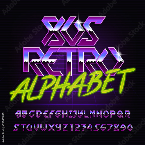80s retro metal alphabet font. Chrome effect colorful shiny letters and numbers. Stock vector typeface.