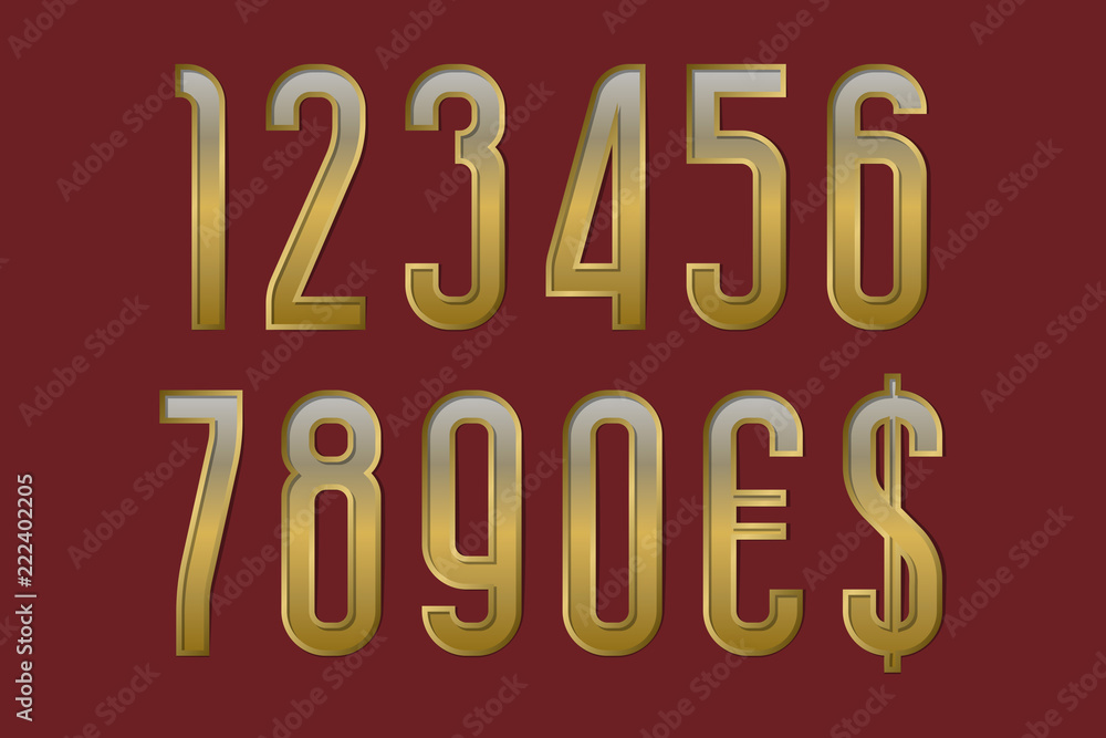Solemn golden numbers with currency signs of dollar and euro. Solemn golden numbers with currency signs of dollar and euro.