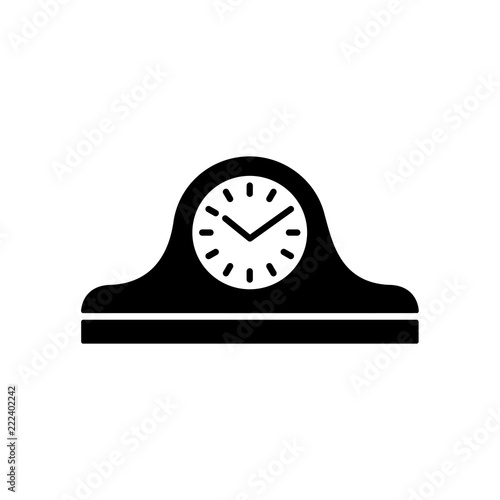 Vector illustration of vintage mantel desk clock. Flat icon of analog device for measuring time. Old shelf wooden clock. Isolated object on white background.