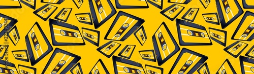 Compact cassette seamless pattern with floating or flying tape in perspective view