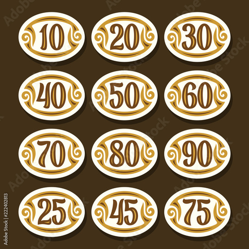 Vector set of Number icons for anniversary, white stylish symbols for wedding, collection of oval isolated objects with calligraphy numbers, illustration of simple numeral tags with retro flourishes.