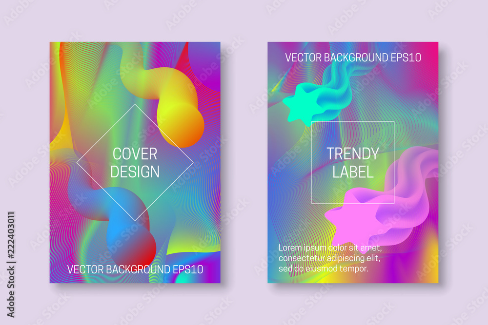 Vector vibrant colored cover templates with iridescent guilloche elements and floating ethereal shapes. Trendy colorful brochures or labels backgrounds.