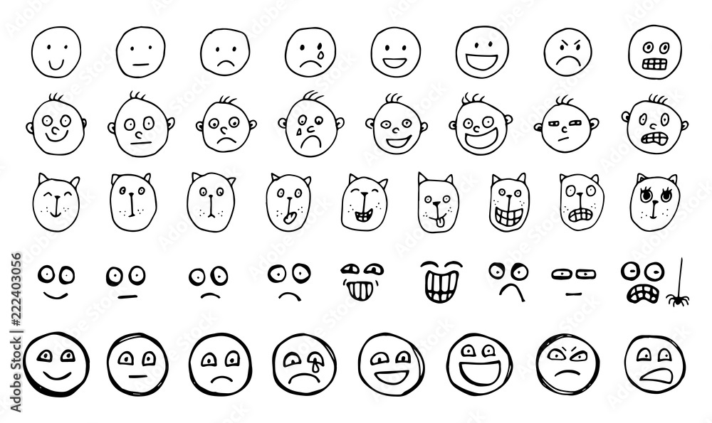 Set of Hand Drawn Creative Vector Emoticons or Sketched Human and Animal Smiles Set of Hand Drawn Creative Vector Emoticons or Sketched Human and Animal Smiles
