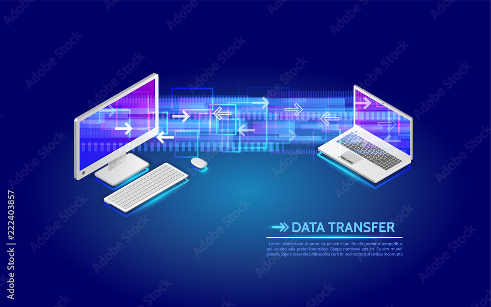 File transfer from computer to laptop. Abstract virtual digital stream ...