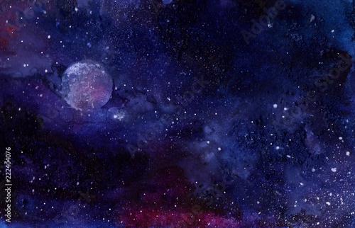 Abstract watercolor space background. Galaxy and planet © Gribanessa