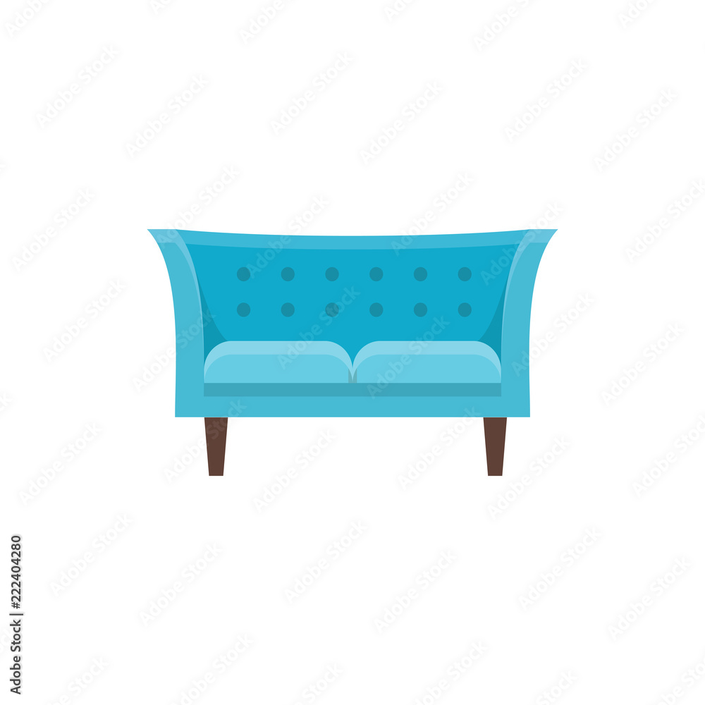 Blue tuxedo sofa. Vector illustration. Flat icon of double settee. Modern chesterfield. Cushioned settee. Blue tuxedo sofa. Vector illustration. Flat icon of double settee. Modern chesterfield. Cushioned settee.