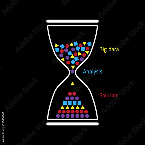 Data Sorting in hourglass. From Chaos to System. Big data analysis. Smart system vector illustration