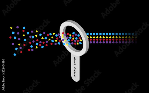 Isometric magnifying glass and data analysis. Visualisation of information flow.