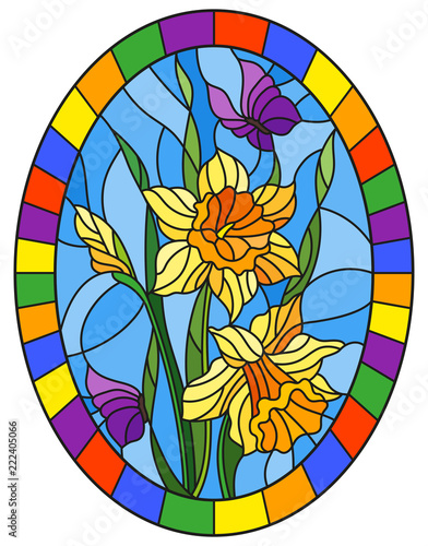 Fototapeta Naklejka Na Ścianę i Meble -  Illustration in stained glass style with a bouquet of yellow daffodils and blue butterflies on a blue background in bright frame
