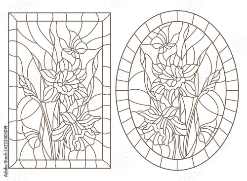 Fototapeta Naklejka Na Ścianę i Meble -  Set of contour illustrations of stained glass Windows with daffodils and butterflies flowers, round and rectangular image, dark contours on a white background