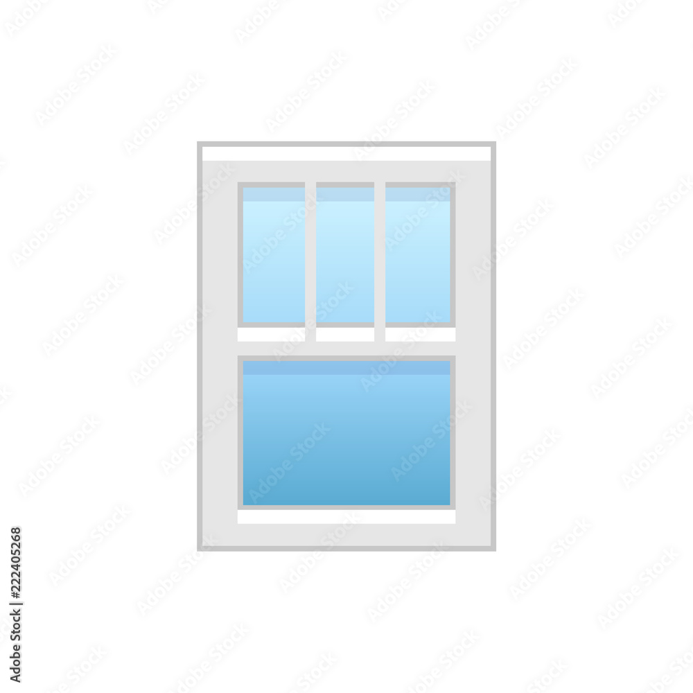 Vector illustration of vinyl single-hung window. Flat icon of traditional aluminum sash window with vertical bars on top panel. Isolated on white background. Vector illustration of vinyl single-hung window. Flat icon of traditional aluminum sash window with vertical bars on top panel. Isolated on white background.