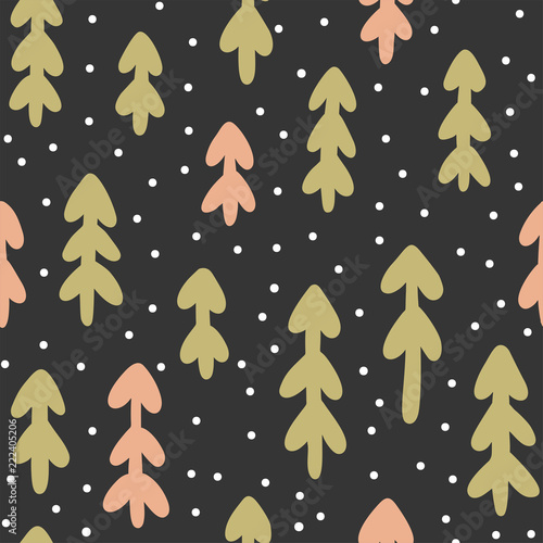 Winter snow forest with fir. Seamless vector pattern. Hand drawing print for wallpaper, wrapping, textile, poster, fabric