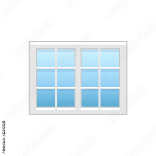 Vector illustration of vinyl casement or sash french window. Flat icon of traditional aluminum window with horizontal   vertical bars. Isolated on white background.