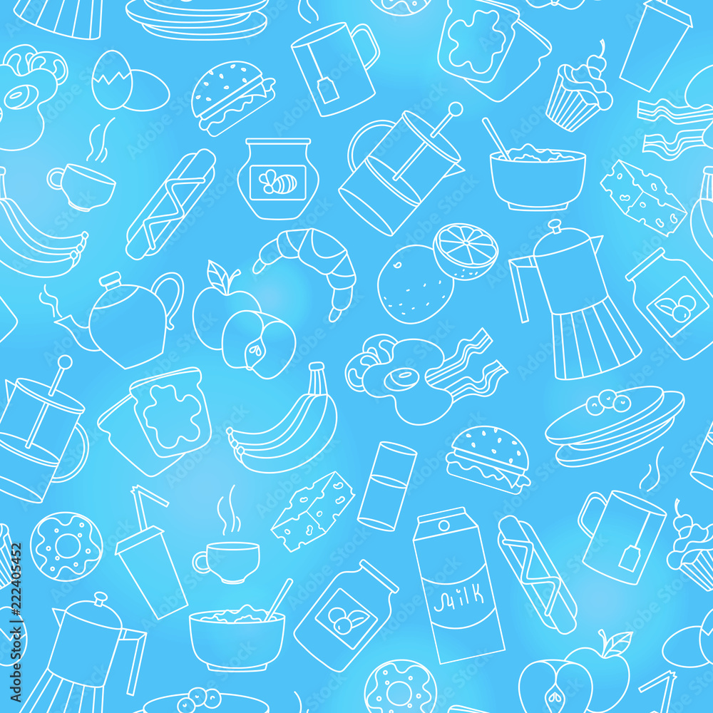 Seamless pattern on theme of food and breakfast , simple contour icons,light outlines on blue background Seamless pattern on theme of food and breakfast , simple contour icons,light outlines on blue background