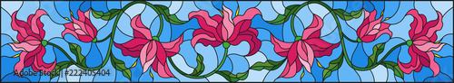 llustration in stained glass style with flowers, leaves and buds of pink lilies on a blue background