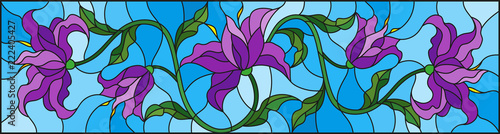 llustration in stained glass style with flowers, leaves and buds of purple  lilies on a blue background