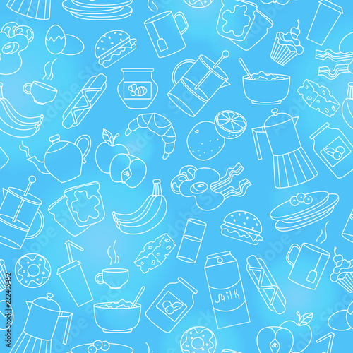 Seamless pattern on theme of food and breakfast , simple contour icons,light  outlines on blue background