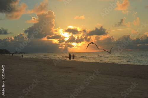 sunrise on beach with seagulls and people walking